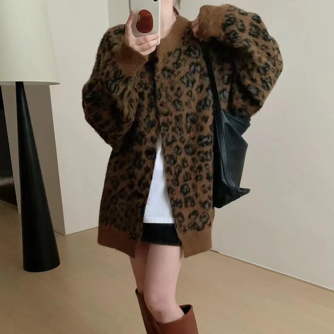 

Autumn Winter New Fashion Women's Leopard Casual Trendy Loose O-neck Single-breasted Knitted Loose Long Cardigans Female Coats
