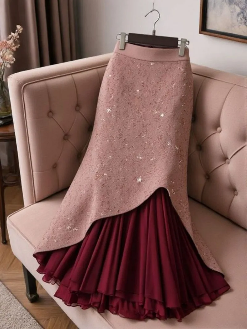 

Новая модная юбка с контрастными цветами, элегантная, с пайетками, приталенная, с высокой талией, асимметричная, для вечеринок и офиса.