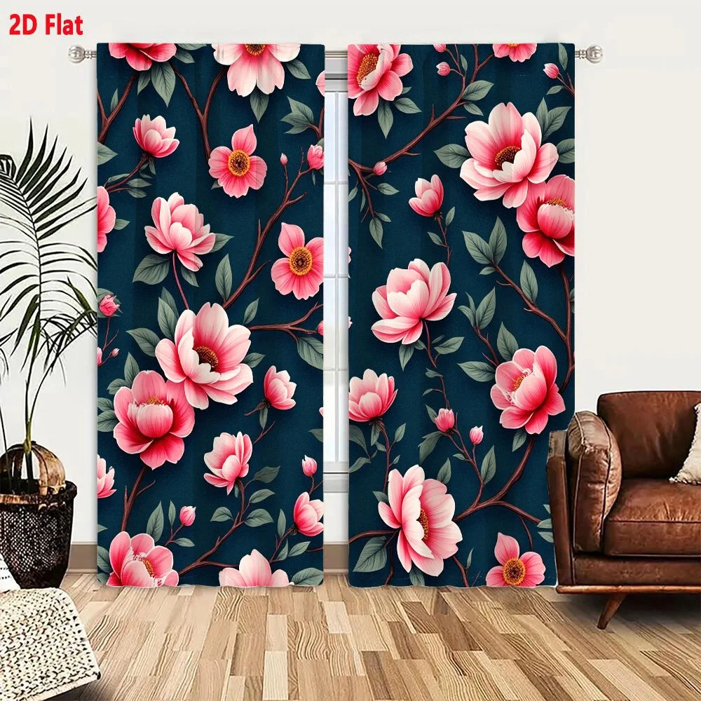 2Pcs Curtains 2D Flat Seamless Floral Pattern Navy Blue Background Pink Coral Blooms Green Leaves Window Drapes for Bedroom Room