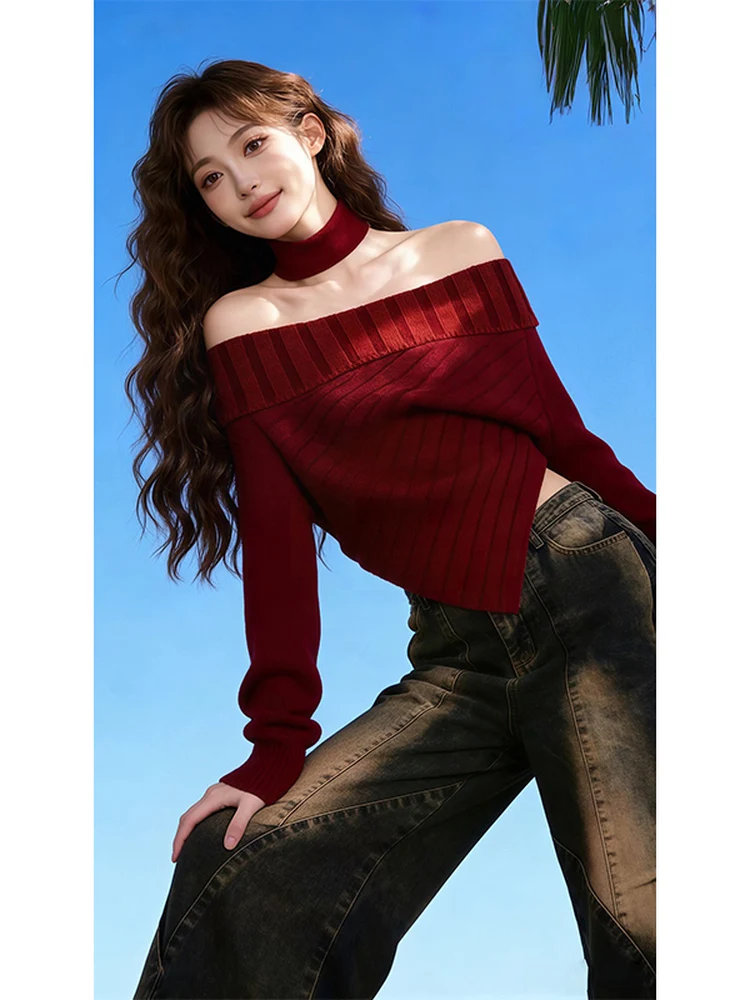 Czerwony sweter z dzianiny z motywem Cisas, wyszczuplający, z paskiem, odkryte ramiona, z szalikiem i długimi spodniami jeansowymi z wysokim stanem, casualowy, zimowy...