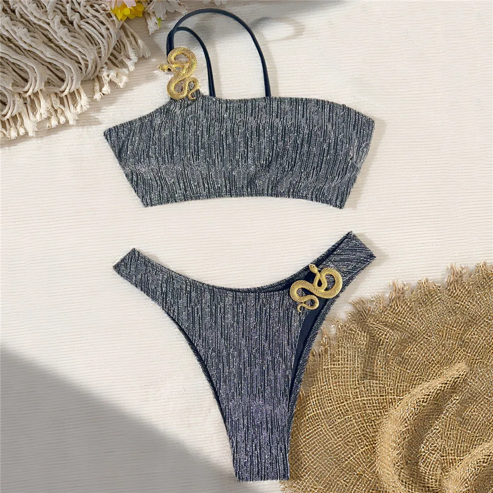 Schwarz Glänzend Eine Schulter Sexy Bikinis Sets Metall Schlange Bademode Micro Tanga Badeanzug Frau 2025, Badeanzug Bikinis De Mujer