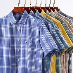 New in Korean Popular Clothes Plus Size 100% Cotton Summer Short Sleeve Shirts for Men Slim Fit Plaid Shirt Much Comments Views