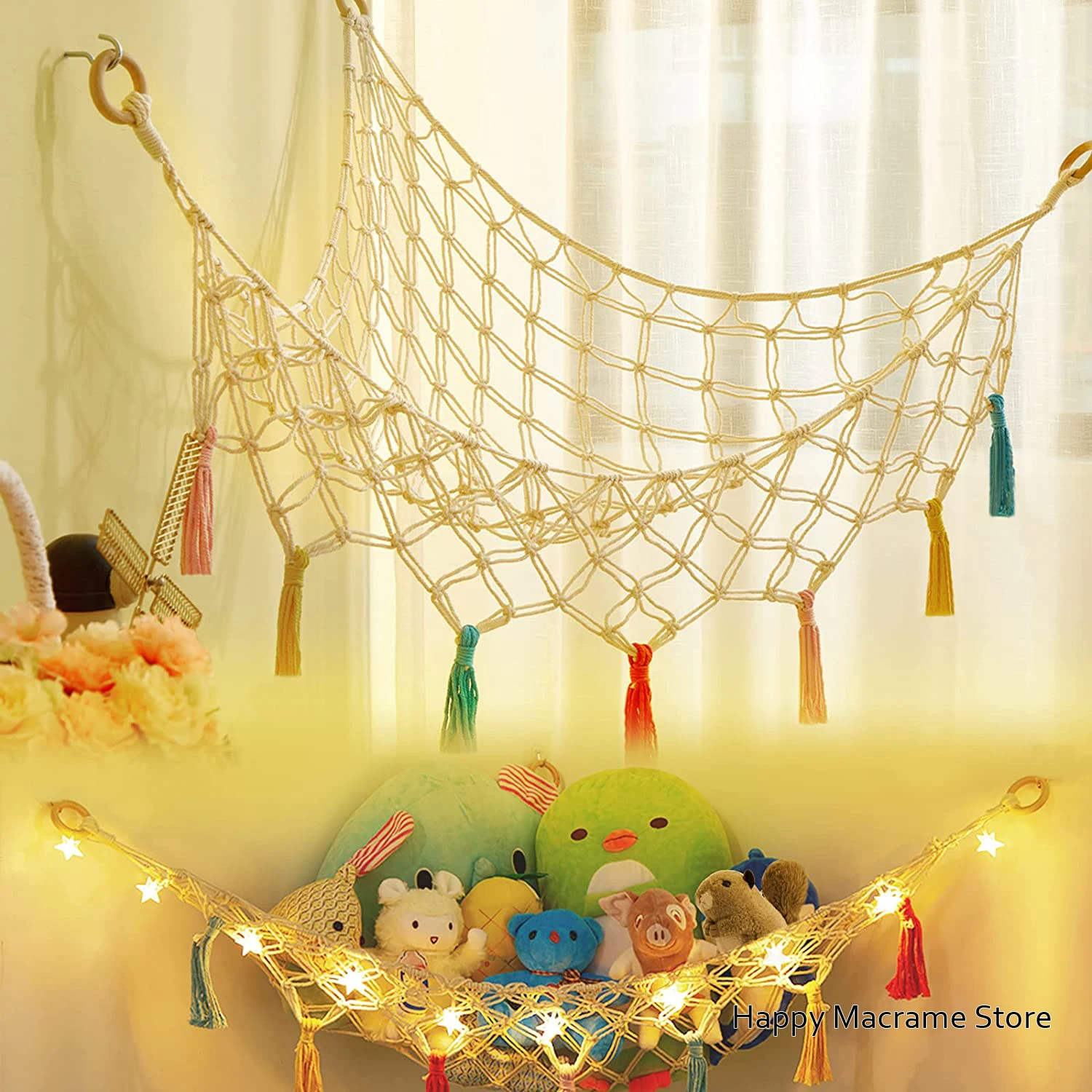 Corner Stuffed Animal Hammock Boho Macrame Toy Hammock With Colorful Tassels Corner Plush Toy Net Holde - Without LED light