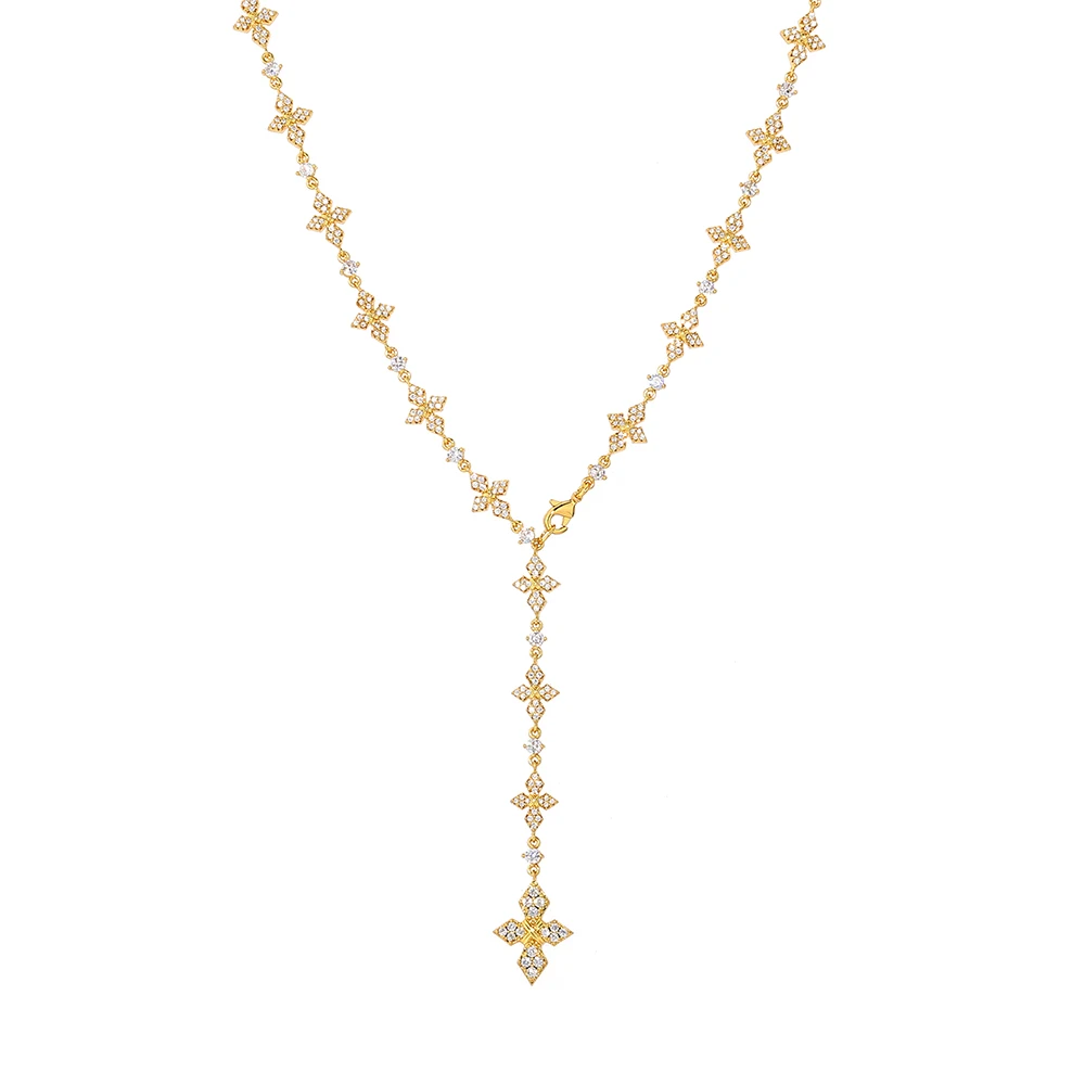 Luxury Iced Out CZ Cross Flower Y Necklace for Women Copper Zircon Lariat Chain Silver Gold Color Statement Party Jewelry Gift