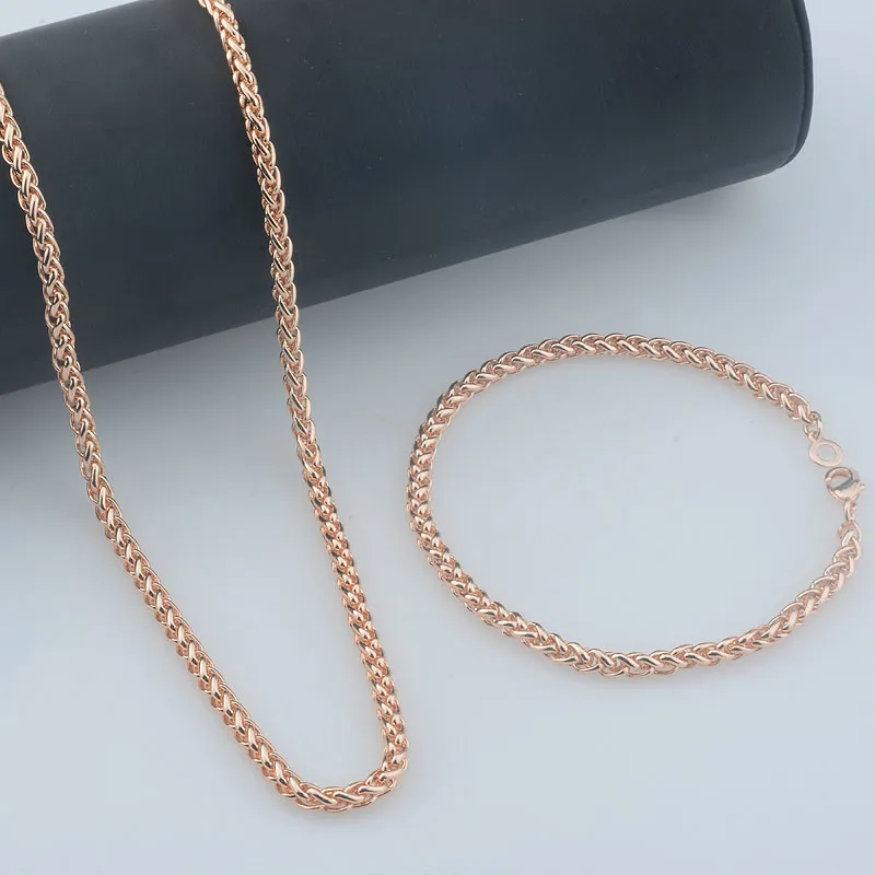 3mm Women Men Jewelry 585 Rose Gold Color Braid Link Chains Necklace Bracelet Set