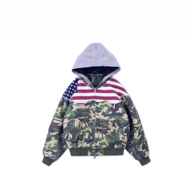 Y2K Retro Distressed Zip-Up Mantel Herren Streetwear Camouflage USA Flagge Patchwork Kapuzenjacke Mode Hip Hop Unisex Sweatshirt