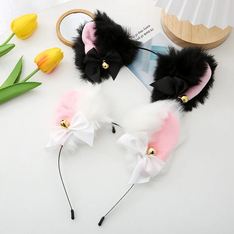 Sexy Cat Ears Headband for Women Girls Lace Bow Necklace Plush Bell Hairband Cosplay Masquerade-Party Costume Hair Accessories