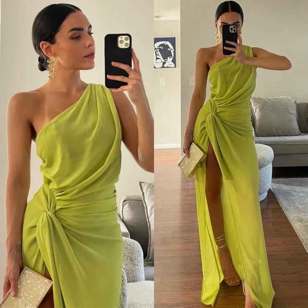 Customized Elegant Green Chiffon Evening Dress Formal One Shoulder Sleeveless Cocktail Dress Soft Straight Ruched Party Dresses