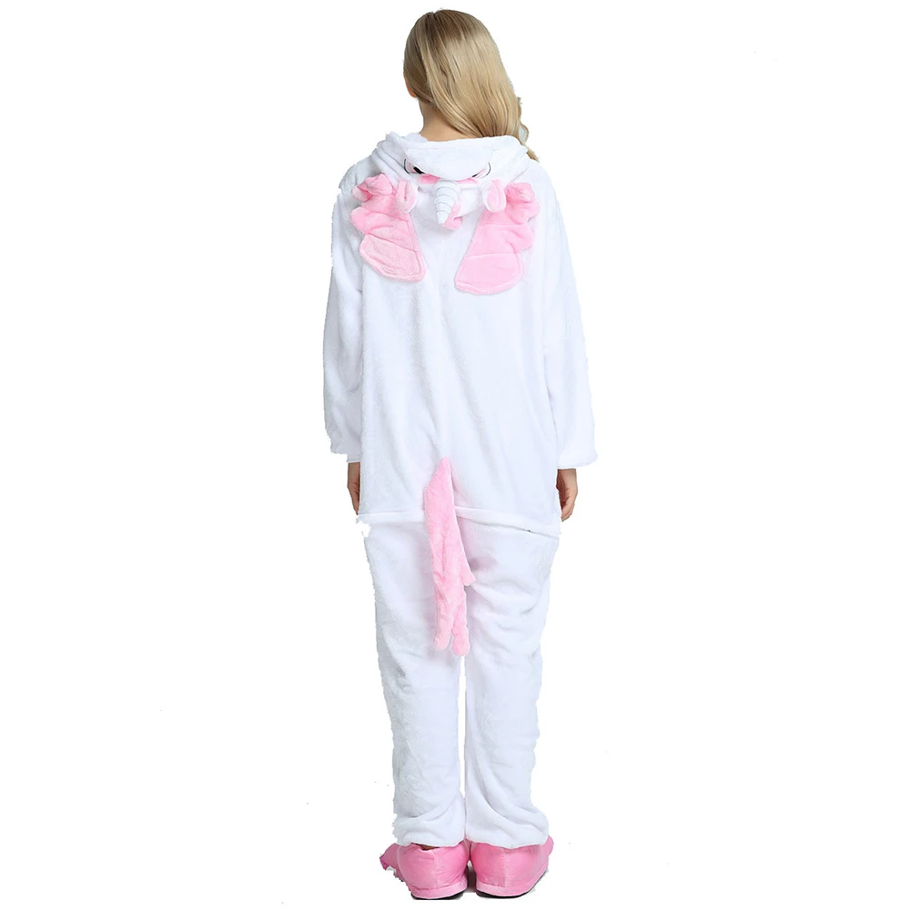 Pink and White Cartoon Animal Warm Hooded Pajamas Women Kigurumi Unicorn Cosplay Costume One-piece Sleepwear Adults Loungewear