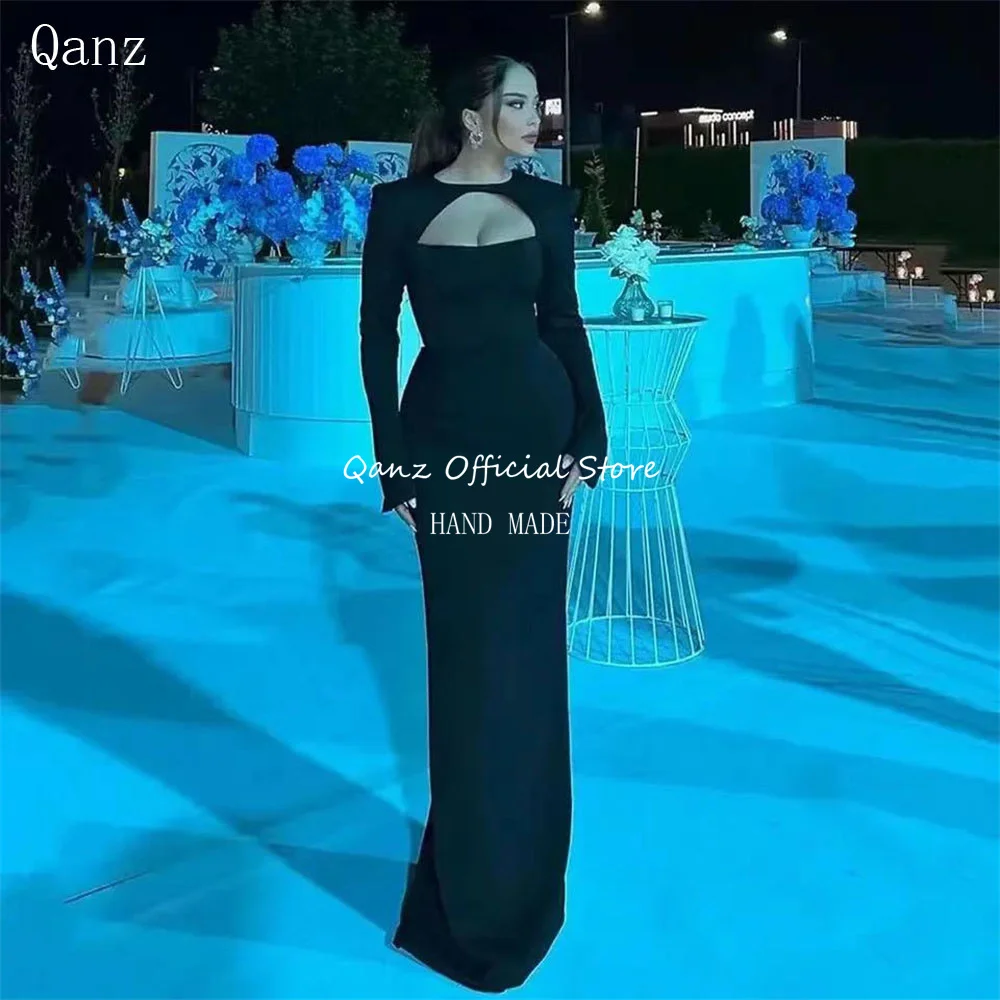 Qanz Elegant Black Satin Arabia Prom Dresses Mermaid Long Sleeves Formal Evening Dresses Women Party Gowns 2024 Customized