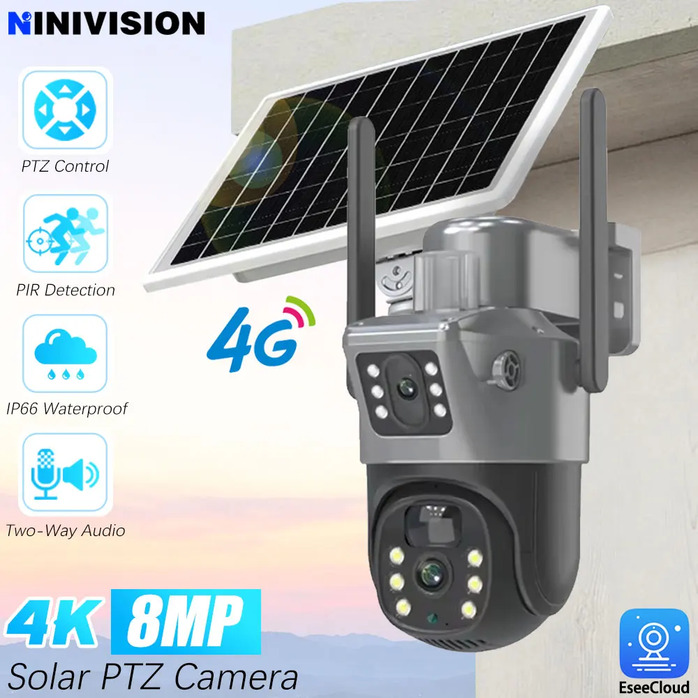 

8MP 4G SIM Card Solar Security Camera Outdoor 4K Dual Screen PIR Detection Light Alarm PIR Detection CCTV Cameras EseeCloud App