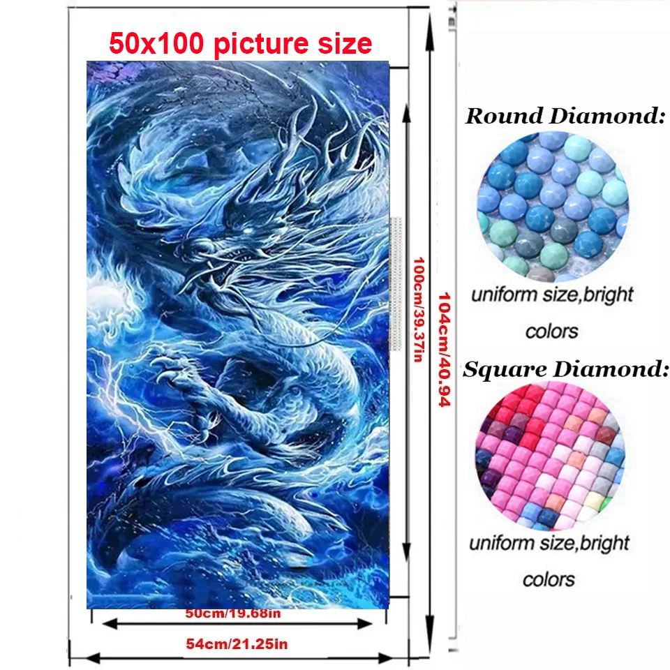 Blue Dragon Large 5D DIY Diamond Painting,New Full Square Round Mascot Chinese Animal Diamond Mosaic Embroidery Cross Stitch