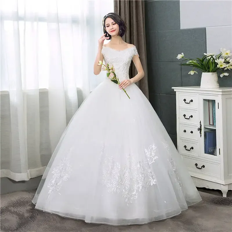 It\'s YiiYa Sexy Boat Neck Wedding Dresses Simple Off White Cheap Princess Lace up Floor Length Plus size Wedding Gown HS284