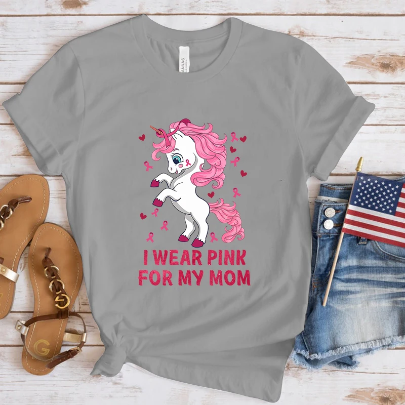 New Hot Breast Cancer Awareness Unicorn I Wear Pink For My Mom Printed T-Shirts Women Girl Unisex Casual Loose Round Neck