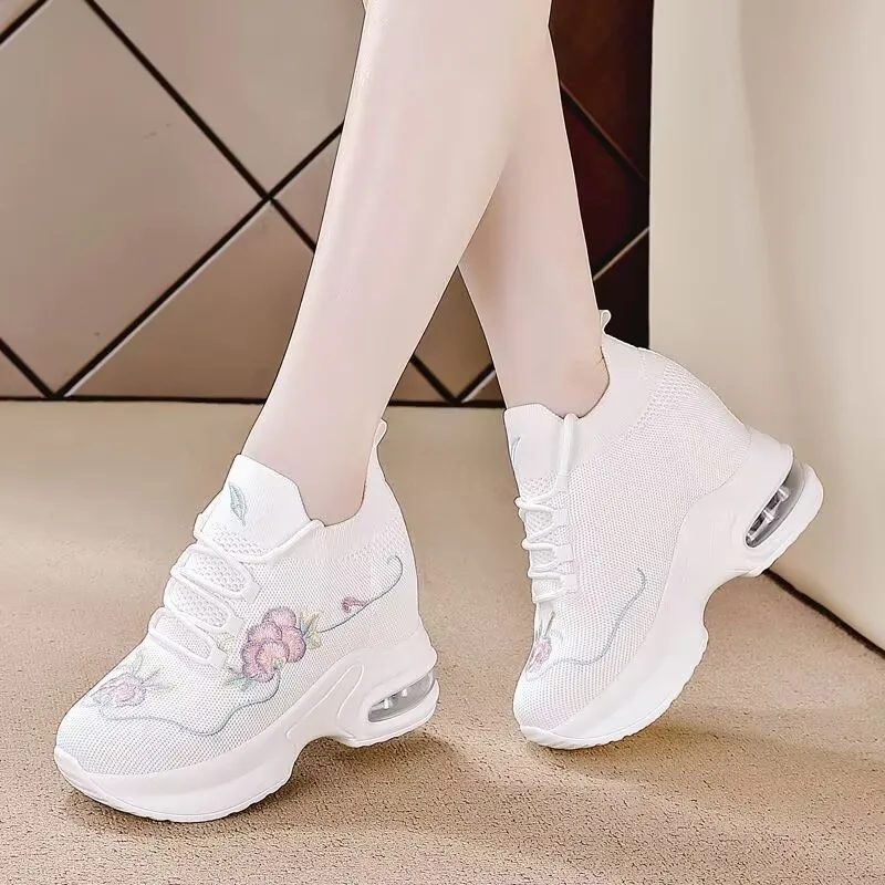 

Spring Summer Embroidery Platform Sneakers Wedge Shoes Female 8cm Height Increasing Mesh Breathable Casual Shoes Canvas Shoes