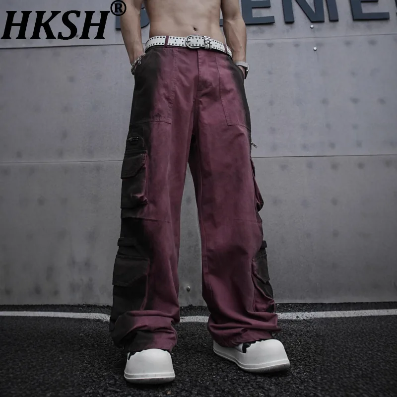 

HKSH Autumn New American Retro Waste Land Washed Vintage Multi-Pocket Cargo Pants Man Trend Wide-Leg Casual Safari Style HK11120