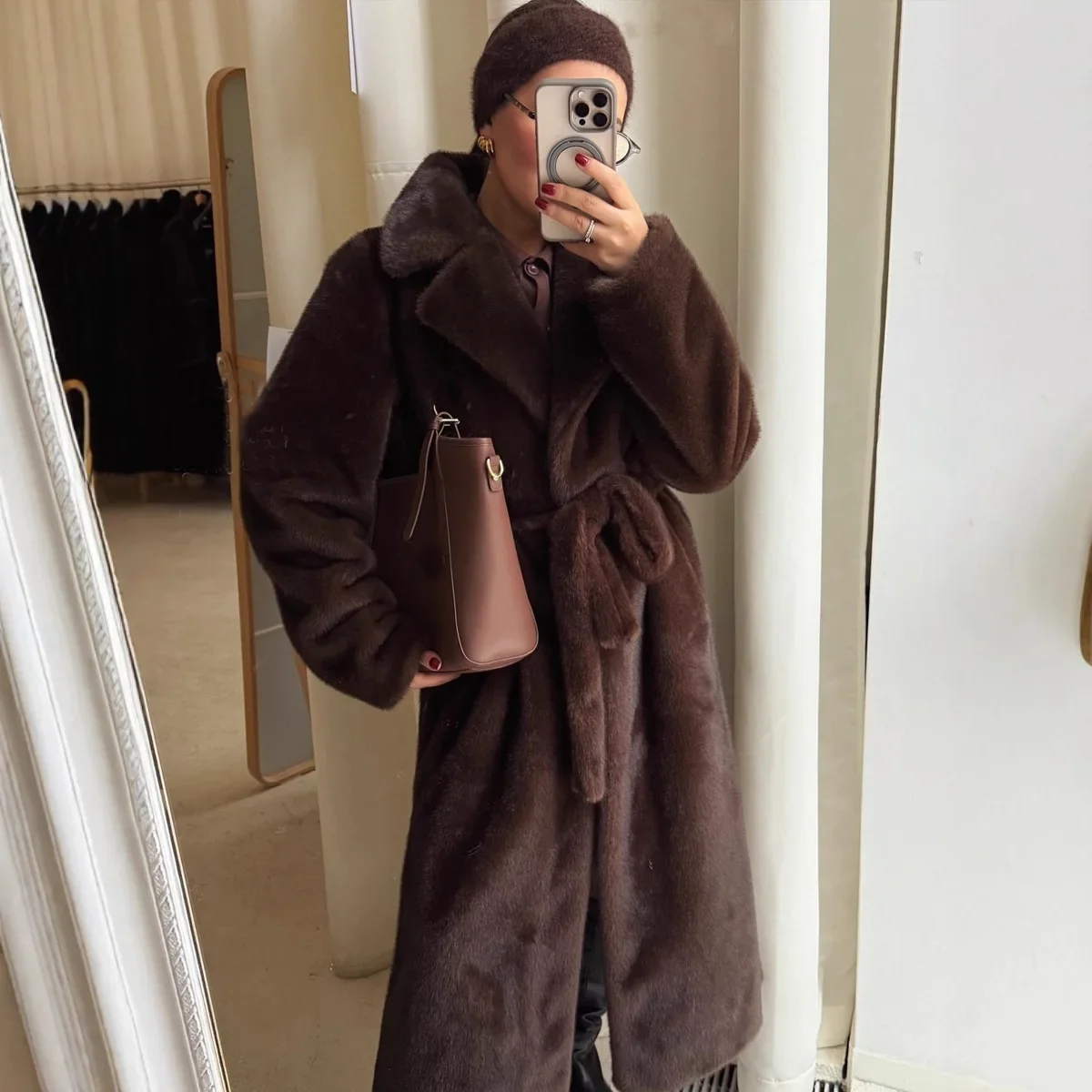 Women Belted Winter Eco Fur Coat Pure Color Furry Collar Waist-cinching Female Mink Fur Jacket Winter Designed Lady Fur Coat