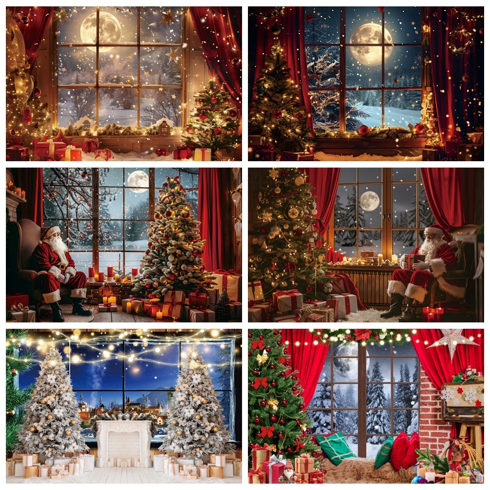 Christmas Photography Backdrops Winter Window Red Curtains Gift Baby Kids Family Portrait Decorative Background Photocall Props