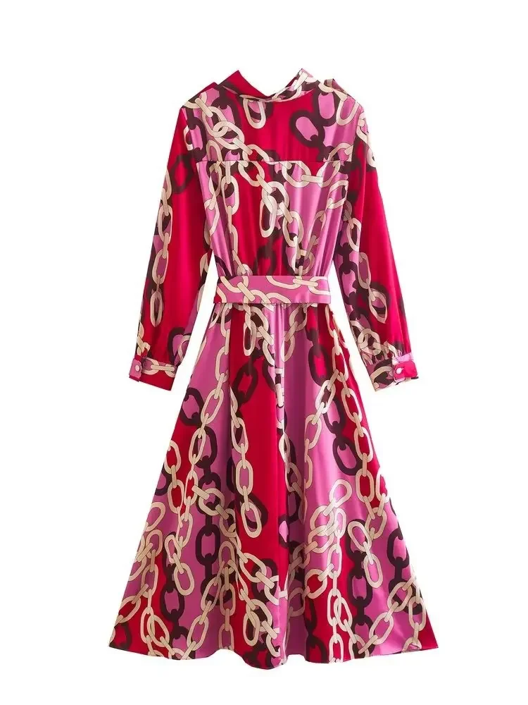 فستان نسائي طويل ربيعي بأكمام طويلة وسلسلة وردية مطبوعة بحزام واسع