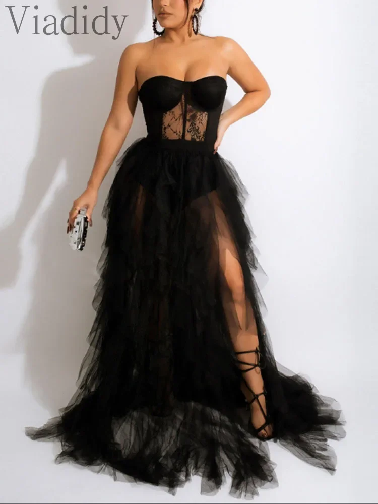 Dames sexy pure mesh doorzichtige kanten bandeau ruches decor vloerlange feestjurk