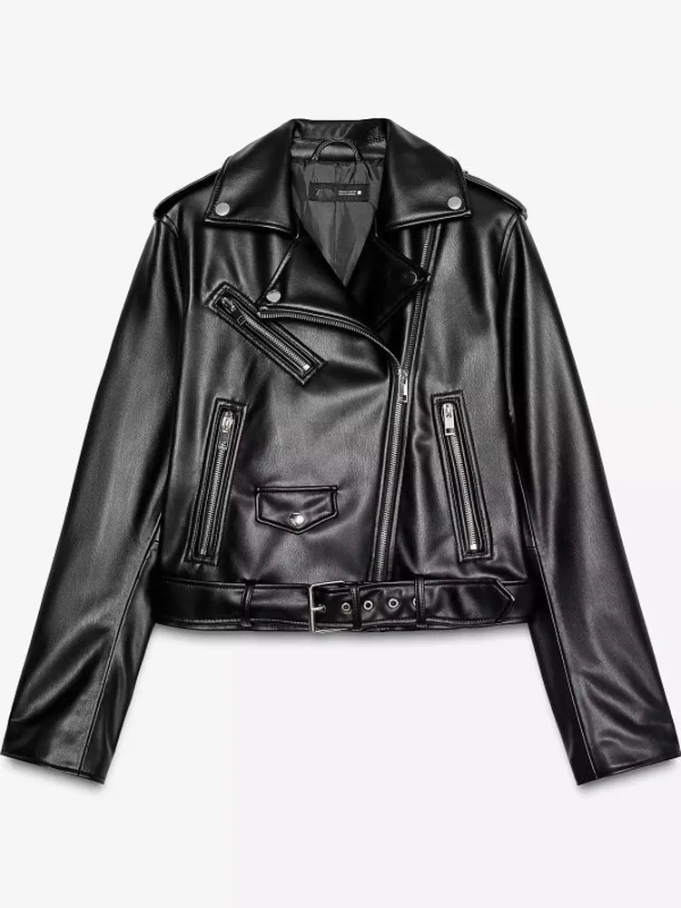 خريف 2025 ياقة بنية وسحاب من جلد البولي يوريثان للدراجات النارية Sle Jaet معطف نسائي فضفاض مناسب معطف أمريكي Sle طويل Sve