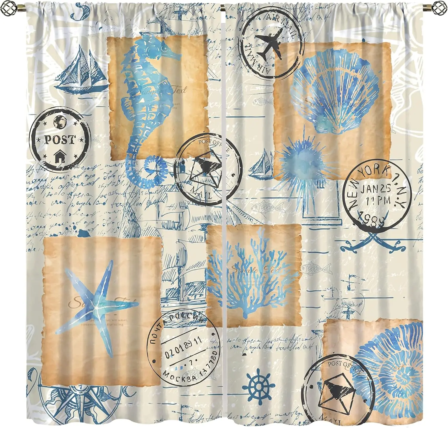 Rustic Nautical Coastal Bohemian Curtains Polyester Window Drapes Vintage Map Ocean Beach Seascape Decor for Living Room Bedroom