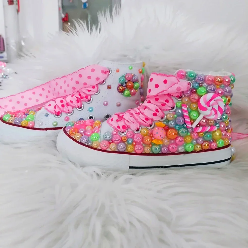 Handmade Rhinestone Bling Girls Womens Kids And Mother Candy Canvas Shoes Pearls Sneakers For Birthday Party Christmas gift