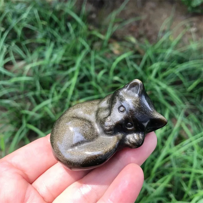 

Природный Золотой обсидиан, спящий Кот, кварцевый кристалл, ручная работа, украшение для дома, подарок, 1 шт.