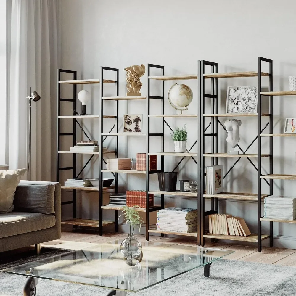 Bookcases and Bookshelves Triple Wide 5 Tiers Industrial Bookshelf,Open Display Shelves with Metal Frame for Living Room Bedroom