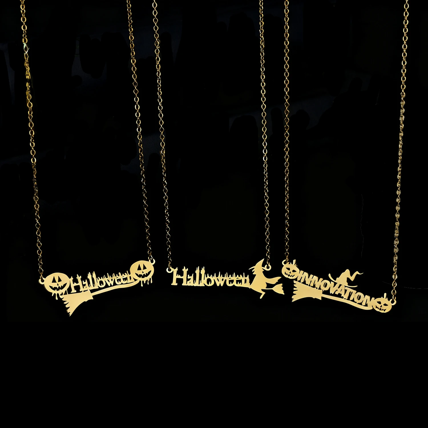 Nextvance Custom Halloween Name Necklace Stainless Steel Personalized Spider Bat Pumpkin Broom Festival Pendant Gift Jewelry
