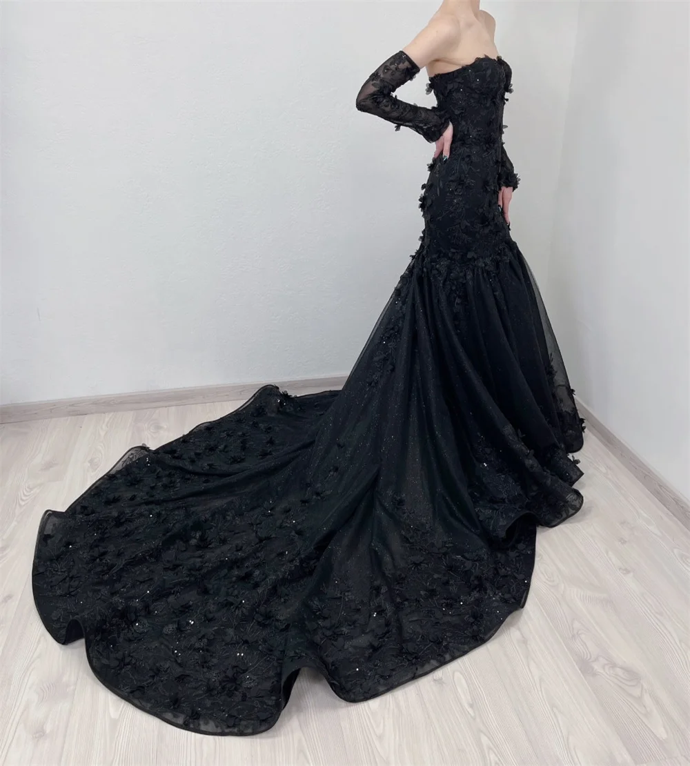 طوكيو مخصص الأسود قبالة الكتف فساتين الزفاف انفصال الأكمام الدانتيل متابعة ثوب الزفاف قطار المحكمة حورية البحر ثوب الزفاف