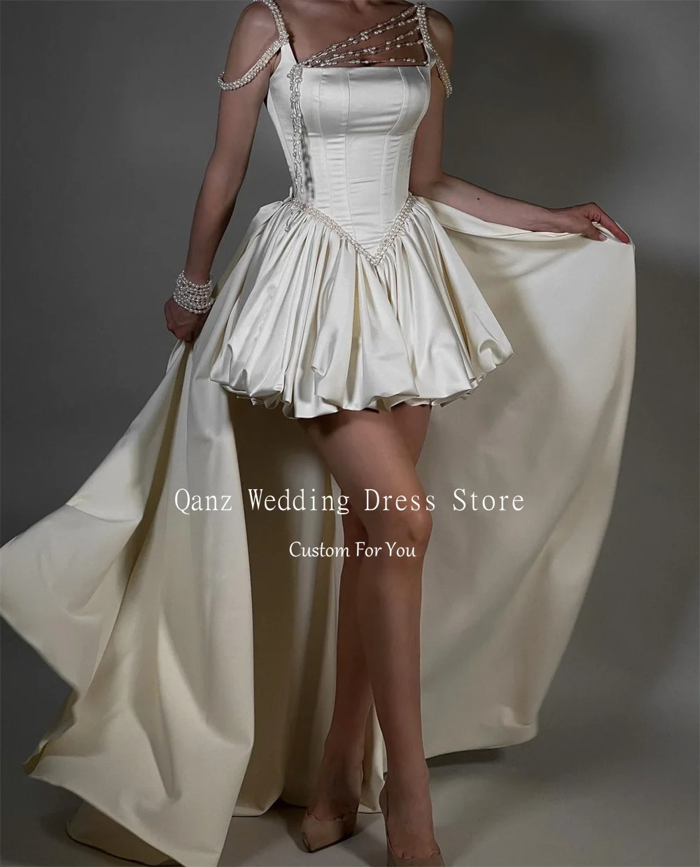 Qanz Modern Wedding Dress Detachable Tail Spaghetti Straps Abiti Da Sposa Short Satin Pearl Tassels Robe De Mariee Customized