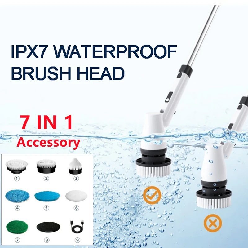 7 IN 1 Cordless Electric Spin Scrubber Adjustable Cleaning Brush Cordless Chargeable Waterproof Bathroom Cleaning Tools Set