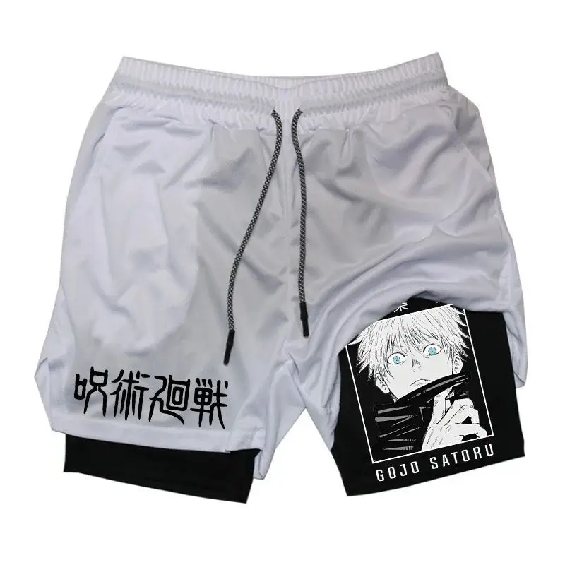 شورت تدريب Jujutsu Kaisen أبيض مطبوع عليه شخصية Gojo Satoru مع لوحة سوداء نص عنوان ياباني برباط أسود أنيمي