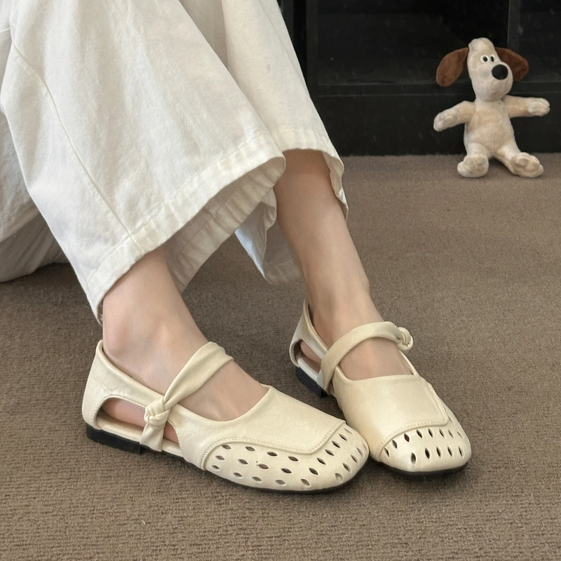

French-Style Breathable Hollow Flat Shoes for Women - Summer Versatile Elegant Mary Jane Shoes with Strappy Square Toe