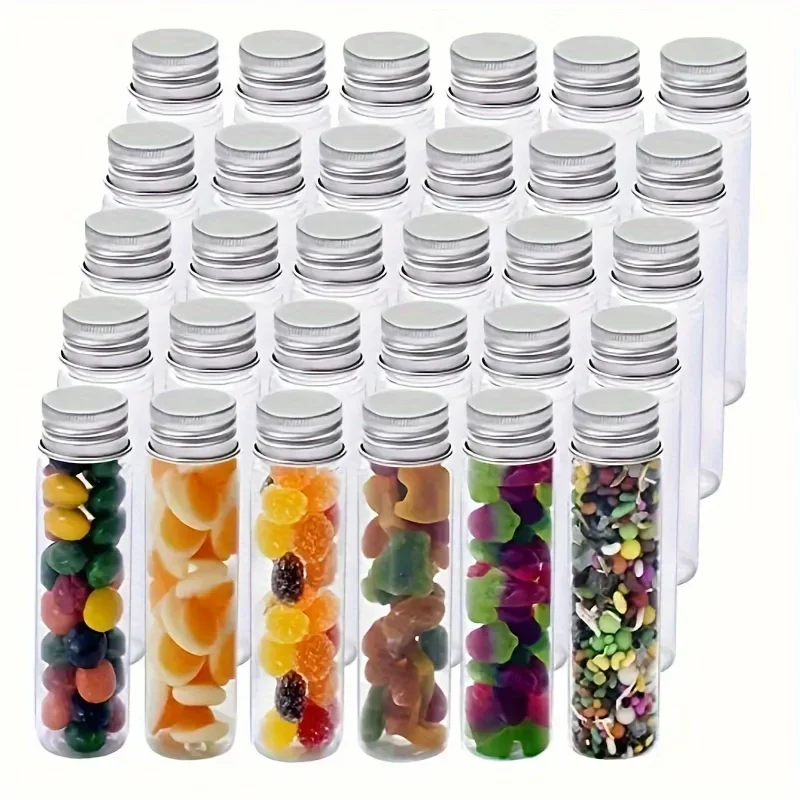 24pcs Plastic Transparent Tubes with Aluminum Screw Caps, Clear Test Tubes for Candy, Bath Salts, Granules, and Liquids