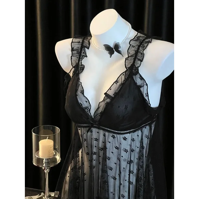 

2026 High-End Polka Dot Mesh See-Through Nightdress for Women–Sexy Spaghetti-Strap Design with Feminine Allure,Perfect