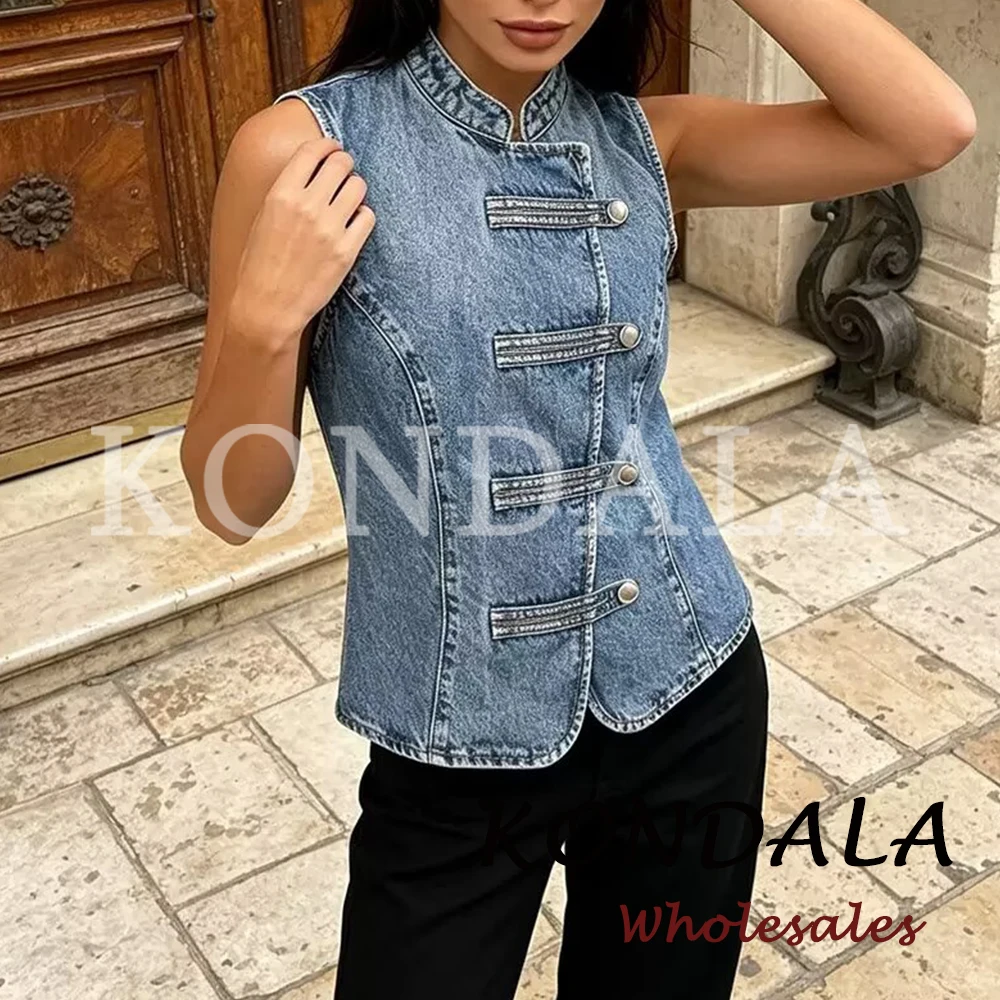 KONDALA Chic Summer Solid Denim Vest Streetwear Suit Single Breasted Vintage Slim Vest Asymmetrical Female Fashion 2026 Outwear