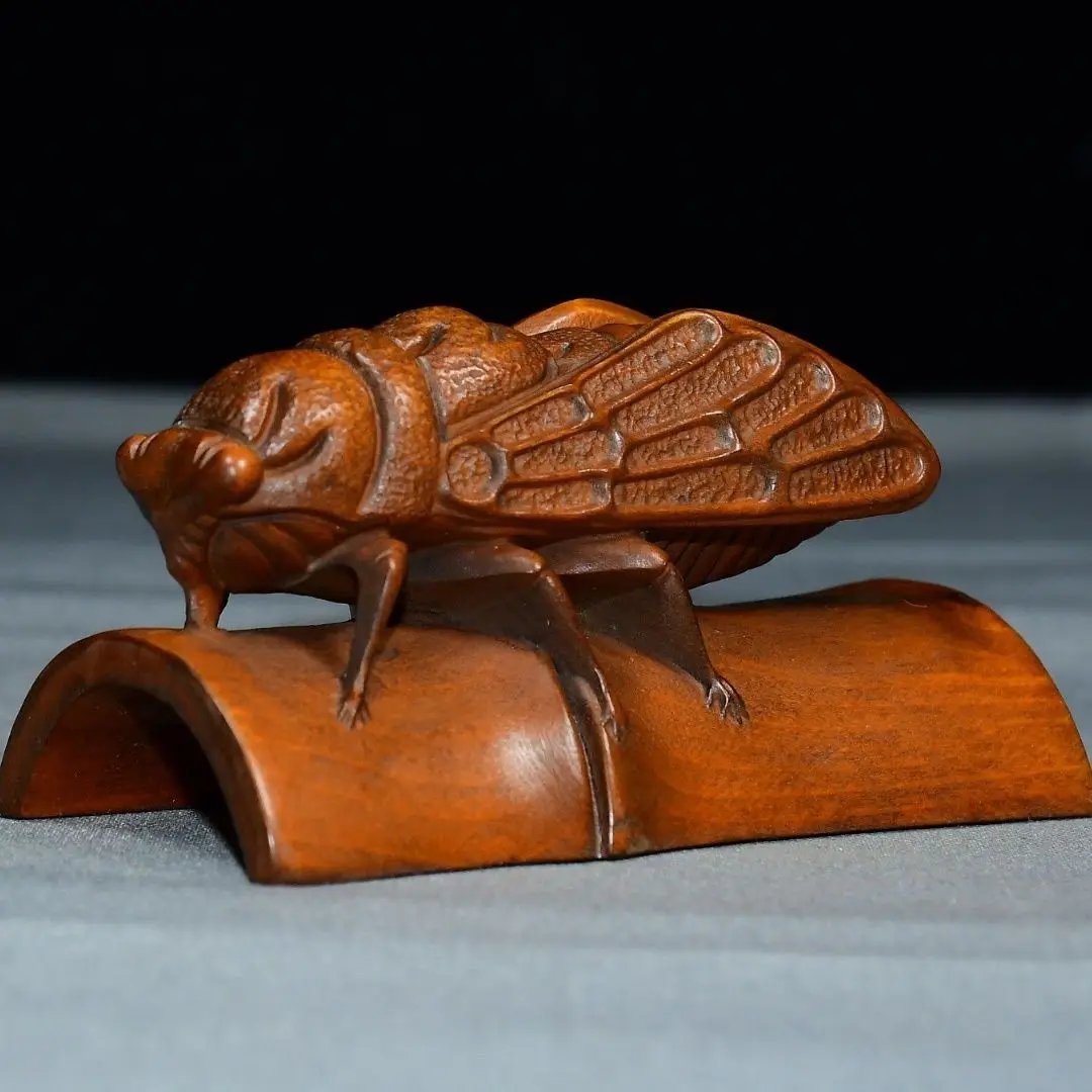 Hand Carved Wood Cicada on Bamboo Statue Figurine Home Desktop Ornament Craft Gift