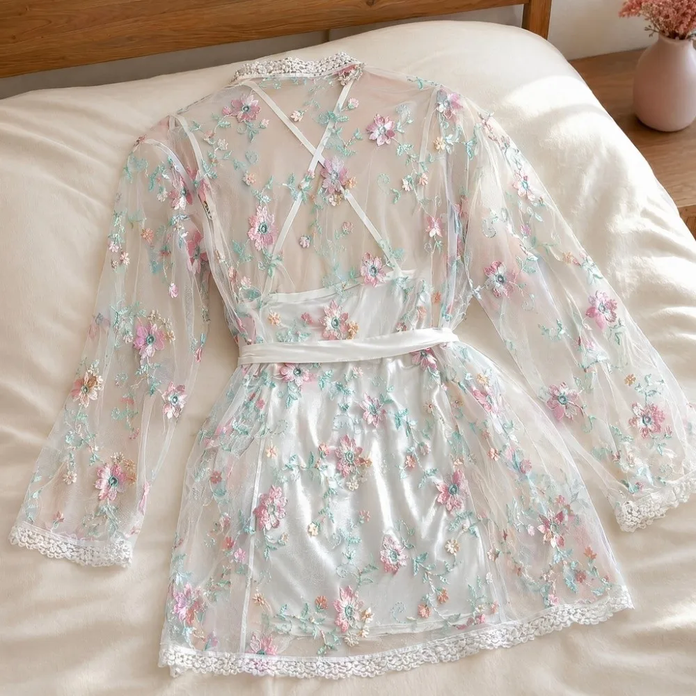 Thin Lace Women's Pajama Dress Flowers Mesh Transparent Ice Silk Suspender Nightdress Sleepwear Embroidered Slim Sling Nightgown
