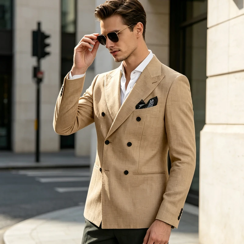 Men's Linen Blazer Peak Lapel Double Breasted Slim Fit Lightweight Breathable Summer Casual Suit Jacket For Office Daily Wear
