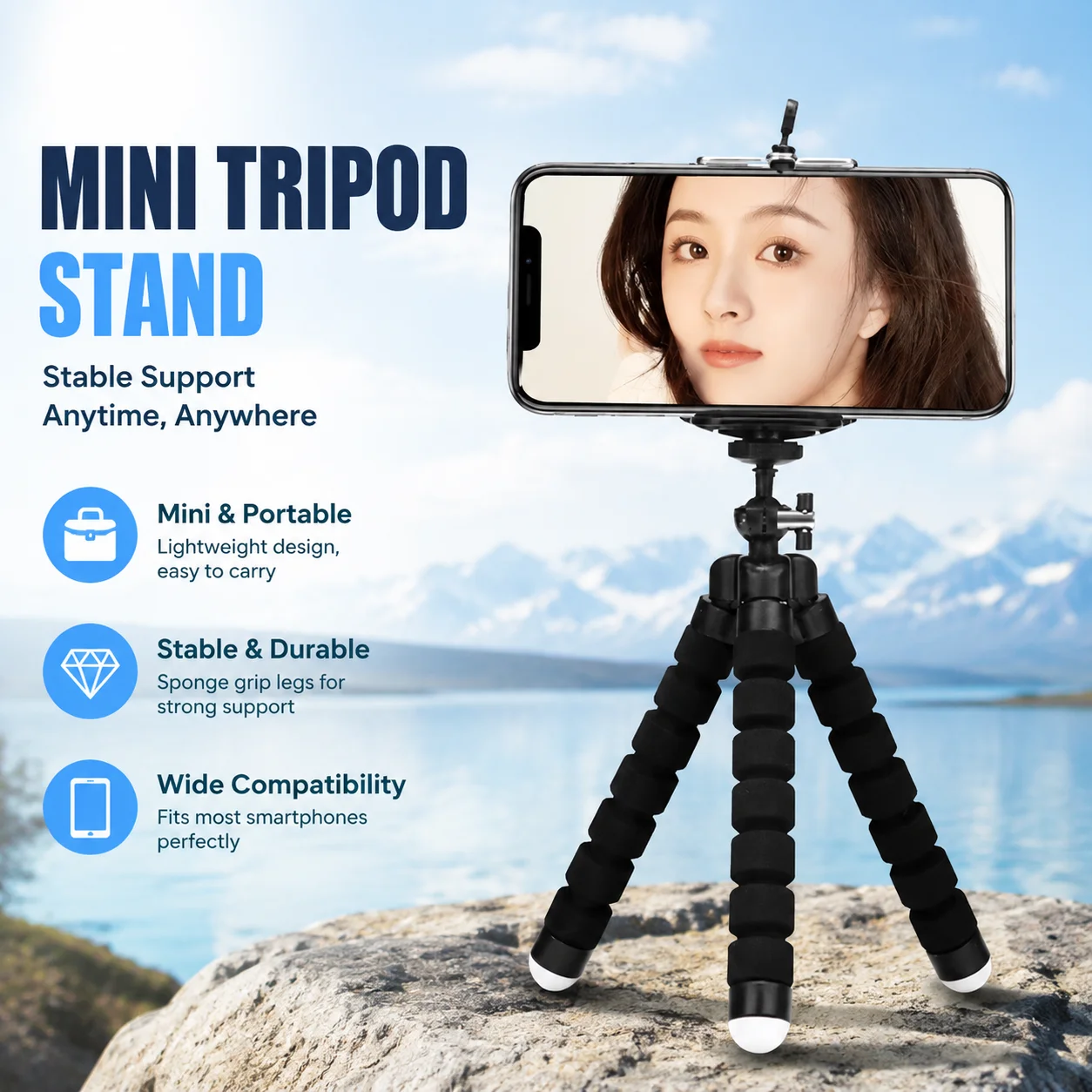 Mini Tripod Stand Sponge Grip Phone Holder, Portable Travel Camera Support for Outdoor Activities, Compatible with Smartphone