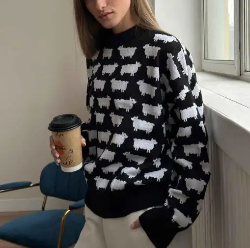 

Women's Alpaca Printed round Neck Pullover Sweater Loose Casual Knitwear for Autumn Winter Comfortable New Arrival