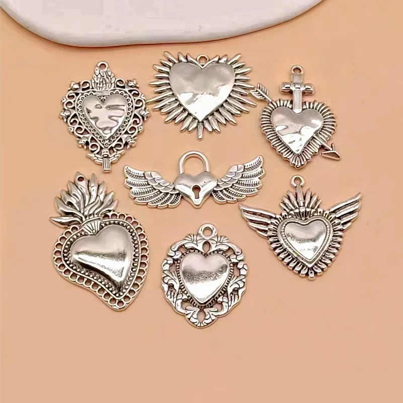 3pc 48*29mm Christian Acred Sacred Heart Charms Mexico Milagro Flame Heart Pendant Shiny Silver Plated Tones Fit Jewelry Making