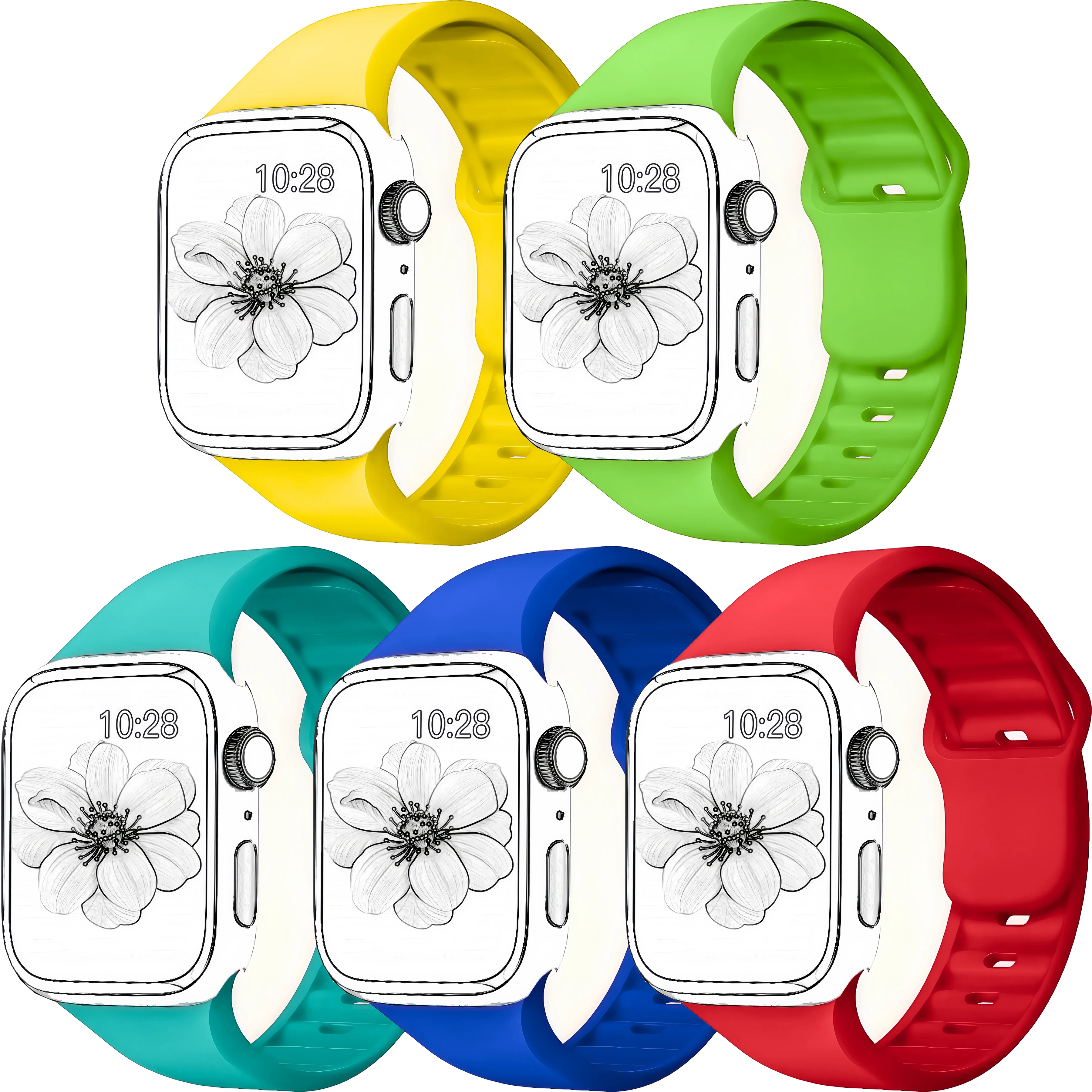 حزام ساعة سيليكون 5 شرائط - أنيق وجيد التهوية، متوافق مع Apple Watch Series 10، 9، 8، 7، 6، SE، SE2، Ultra 2-