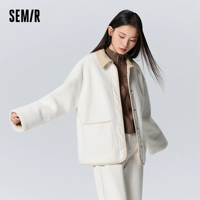 Semir Coat Women Winter Imitation Lamb Wool Imitation Suede Contrasting Color Turn-Down Collar Retro Loose Dropped Shoulder Top