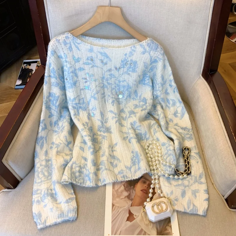 

Женский синий пуловер из мохера, свитер, винтажный джемпер, вязаный кашемировый свитер с длинными рукавами и круглым вырезом, осень-зима, одежда 2000-х годов