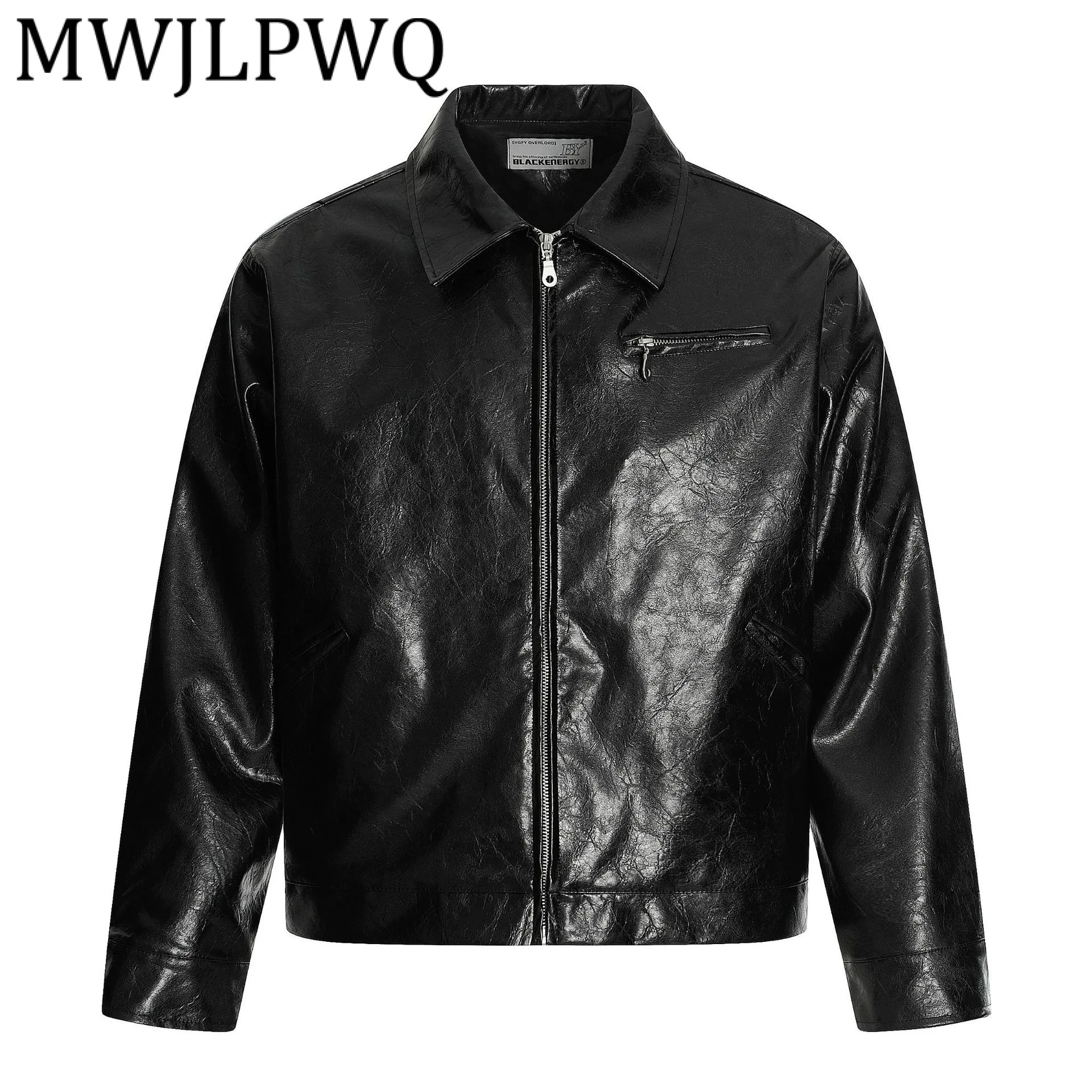 

MWJLPWQ Текстурированный дизайн Модная кожаная куртка Мужская новая американская мода с лацканами и длинными рукавами High Street Personality Свободный топ 21566