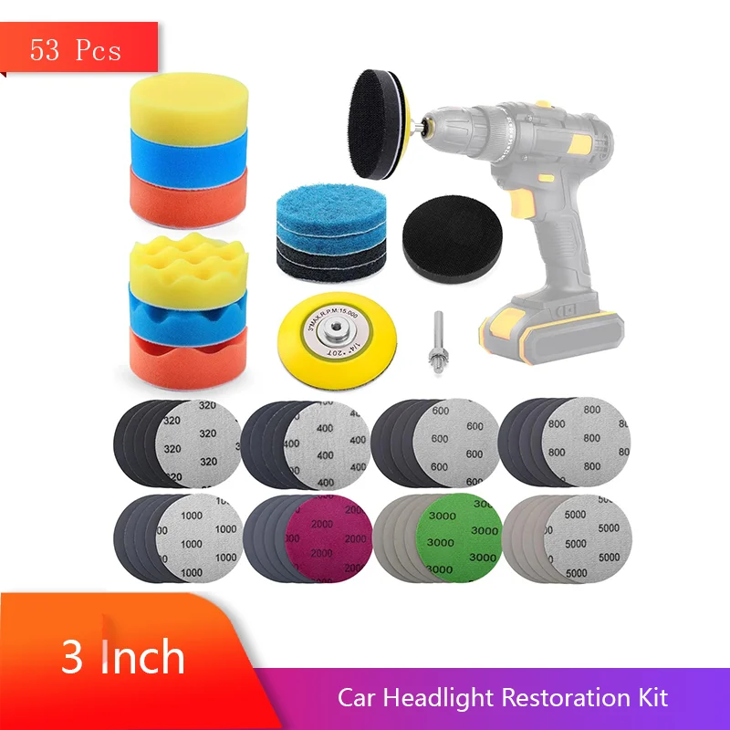 3 Inch Wet and Dry Sandpaper 53 Pcs Car Headlight Restoration Kit with 1/4” Shank Backing, Buffing Sponge Pads for Polishing  ﻿