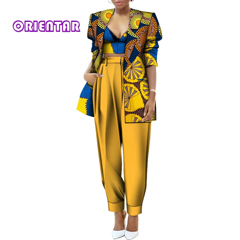 3 Pieces Women Set African Wax Print Crop Tops and Pants Suit 2021 New African Clothes Casual Outfits Africaine Femme WY641